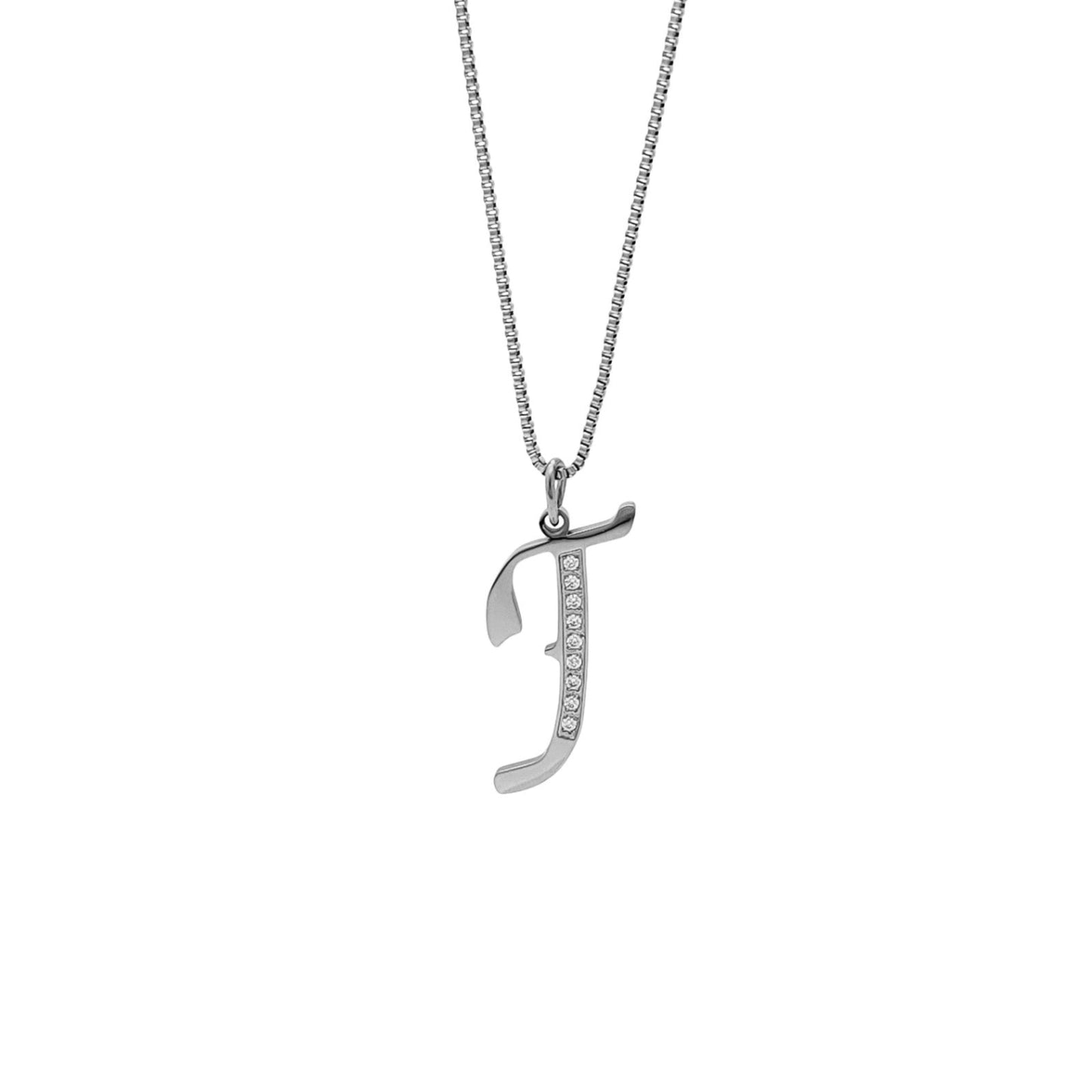 Silver J necklace with a unique pendant on a white background