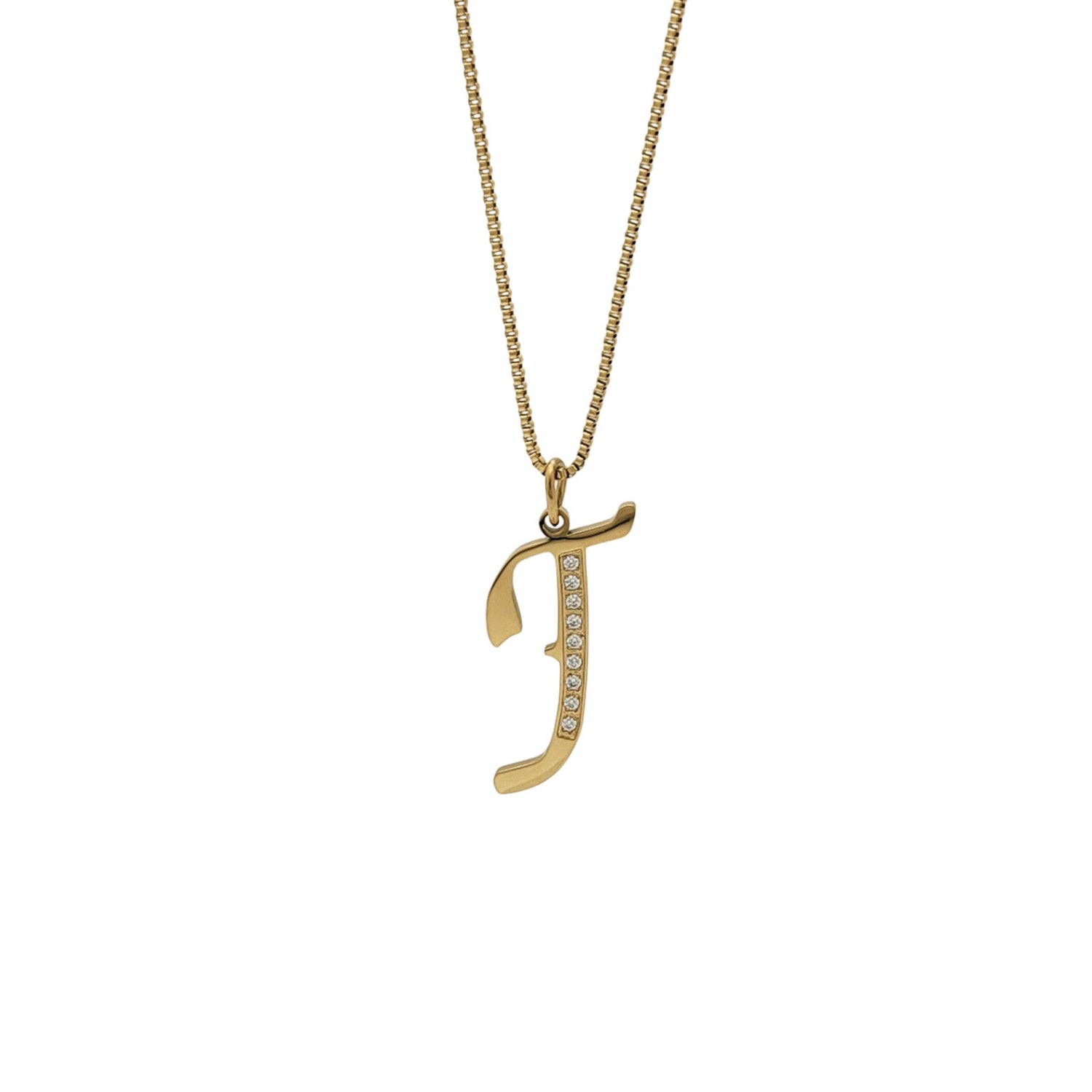 Gold necklace with a letter 'J' pendant on a white background