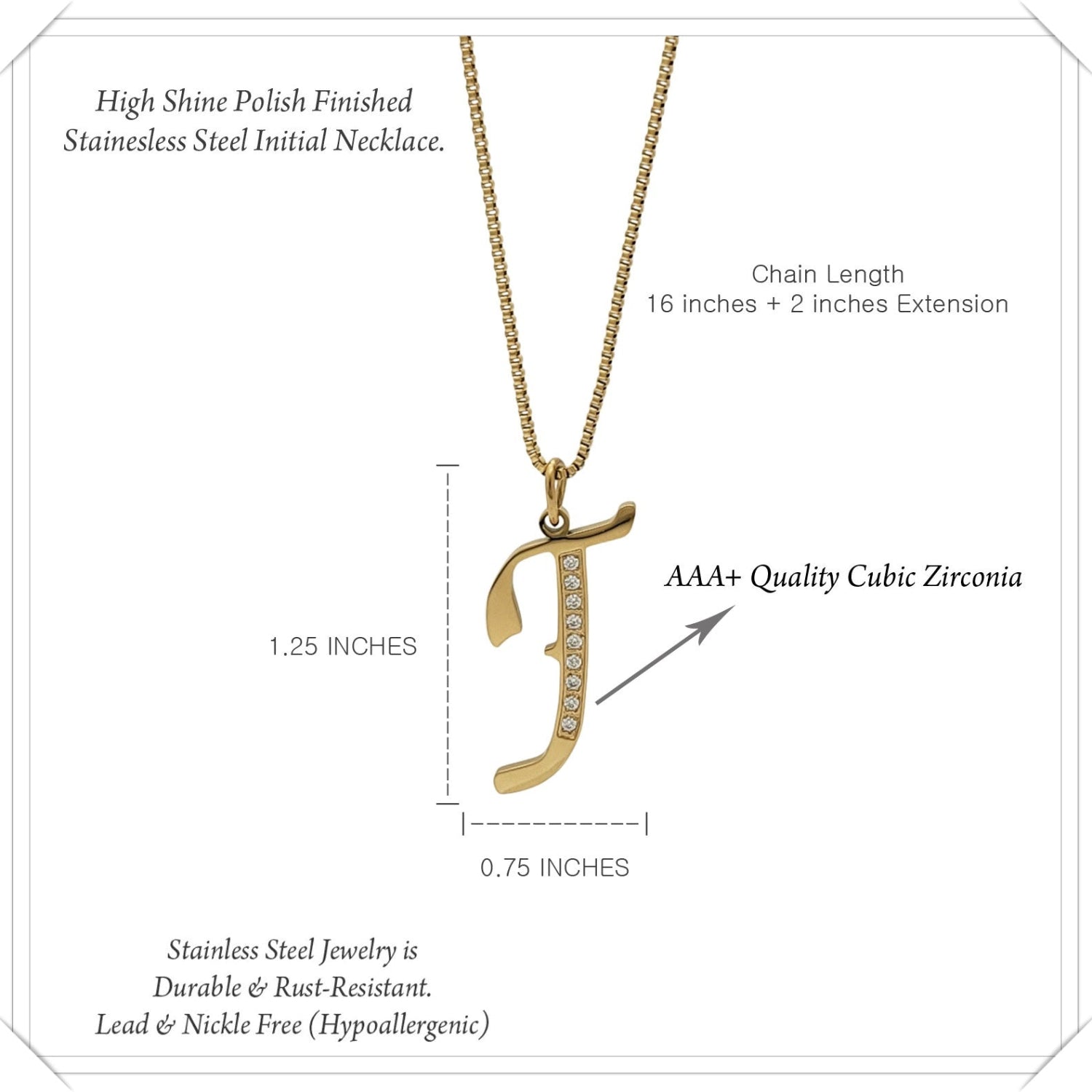 Gold necklace with letter 'J' pendant on a white background