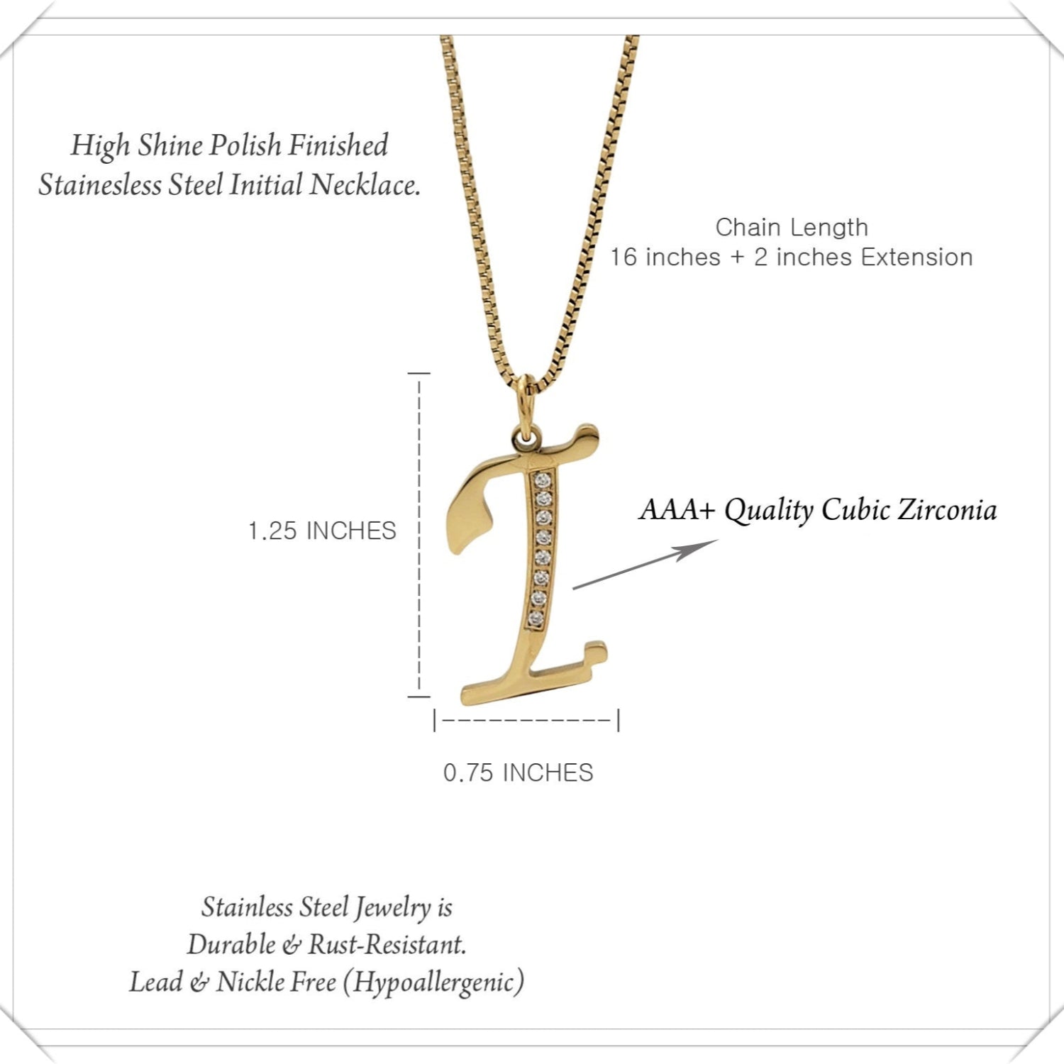 Gold necklace with letter 'I' pendant on a white background