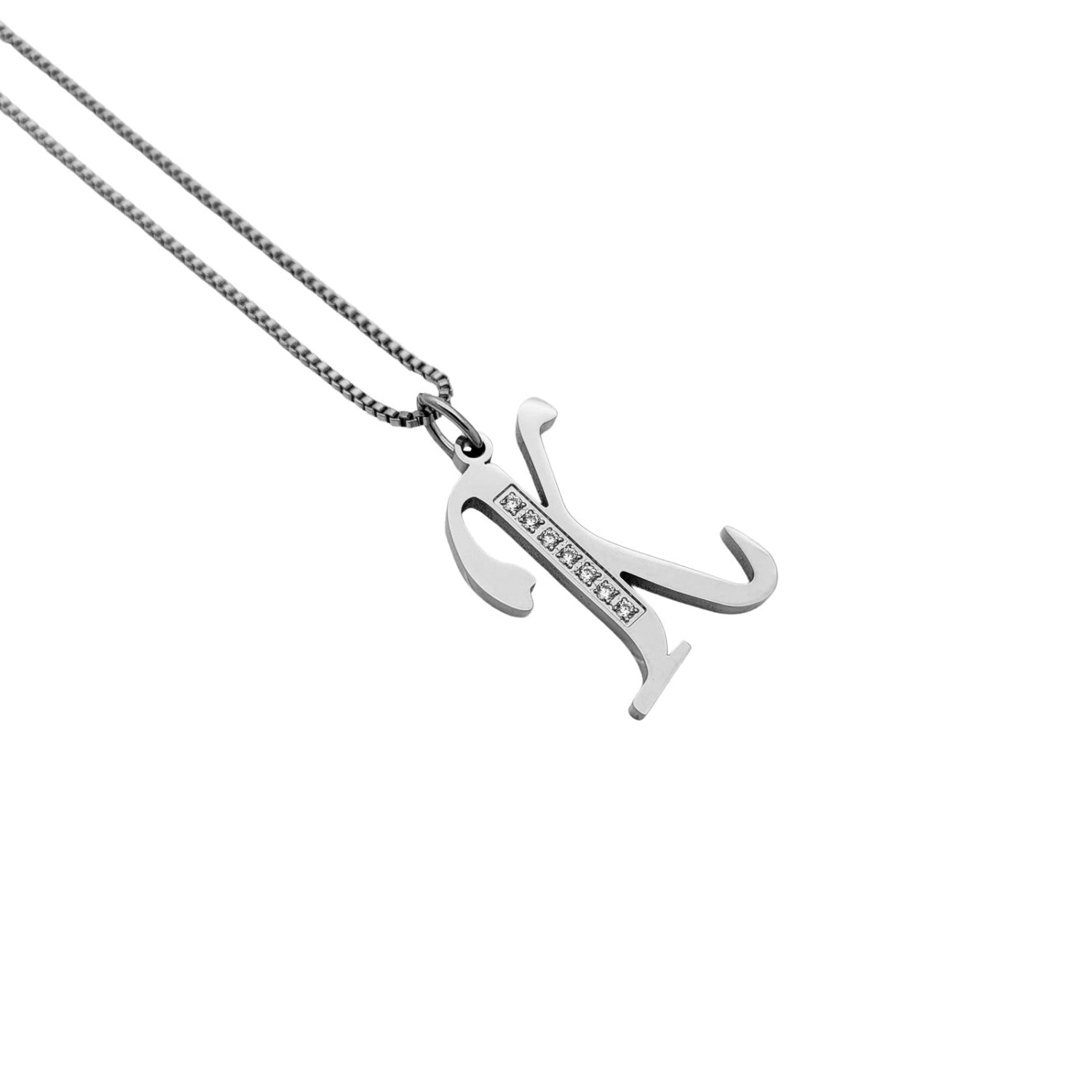 Silver K necklace with a unique pendant on a white background