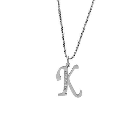Silver necklace with a 'K' pendant on a white background