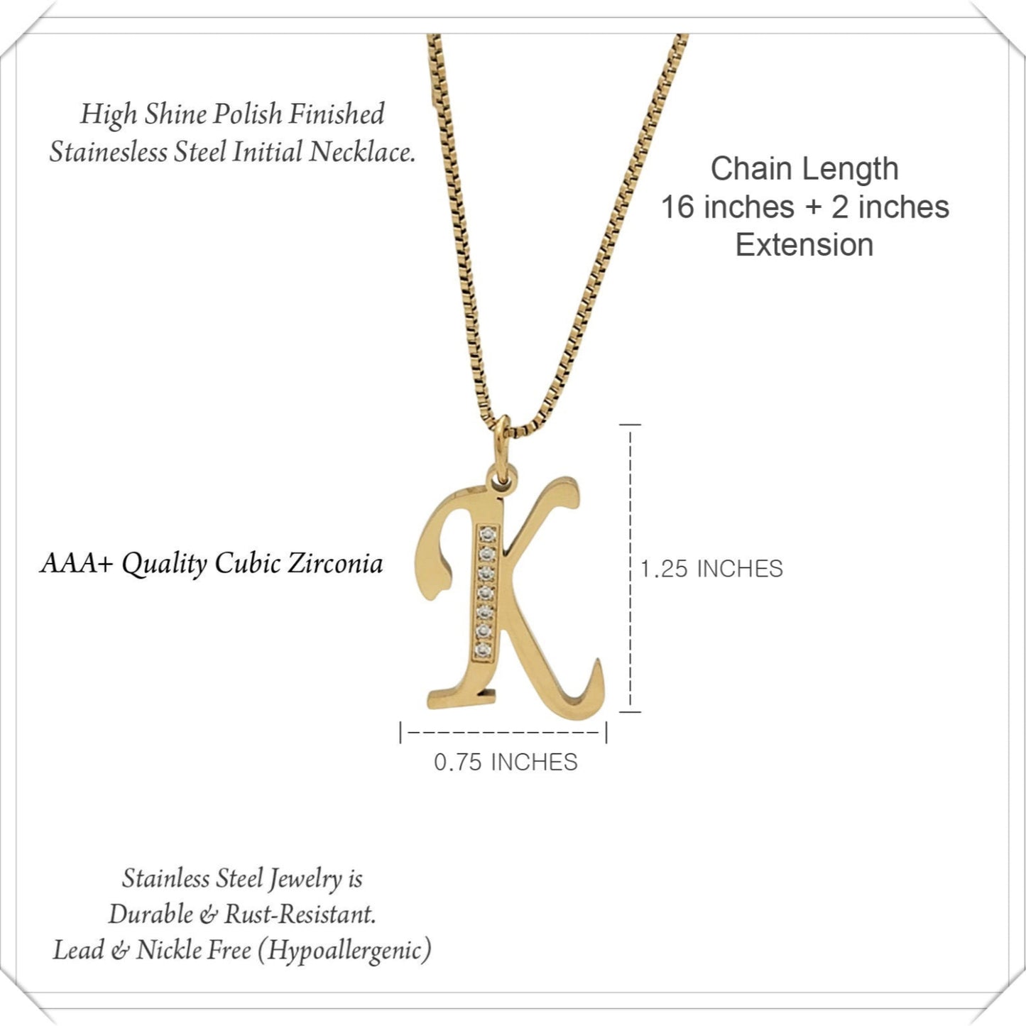 Gold necklace with 'K' pendant and product details on a white background