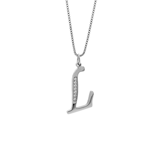Silver necklace with a 'L' shaped pendant on a white background