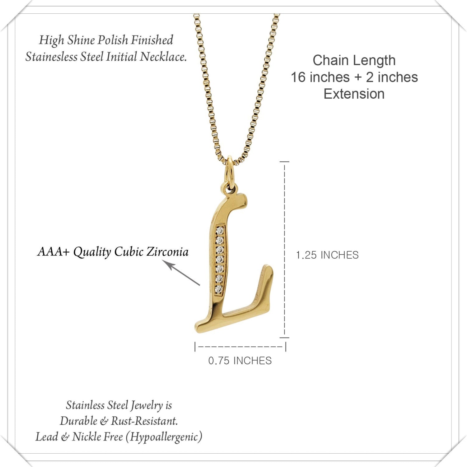 Gold necklace with letter 'L' pendant and product details on a white background