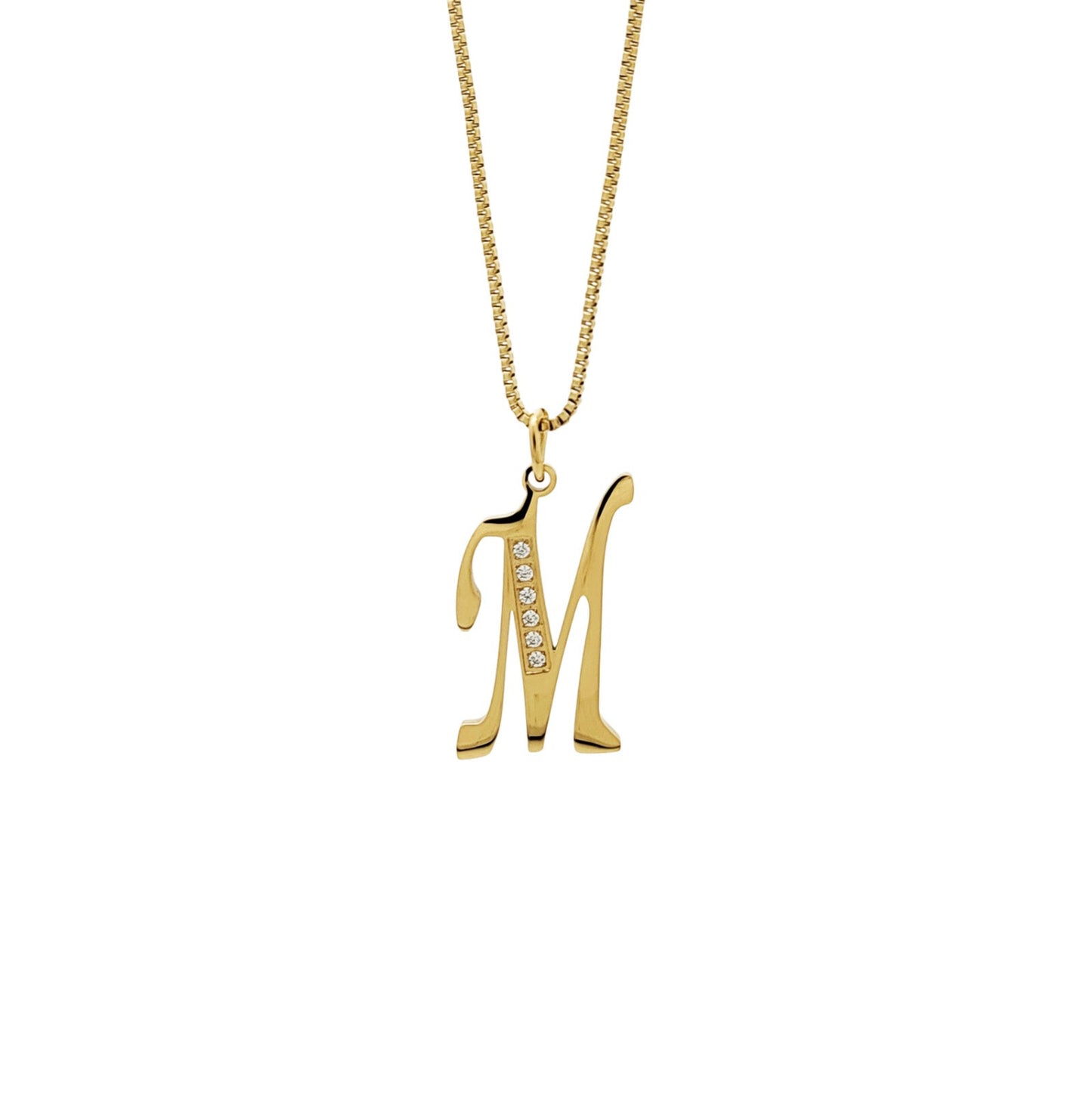Gold necklace with a 'M' pendant on a white background