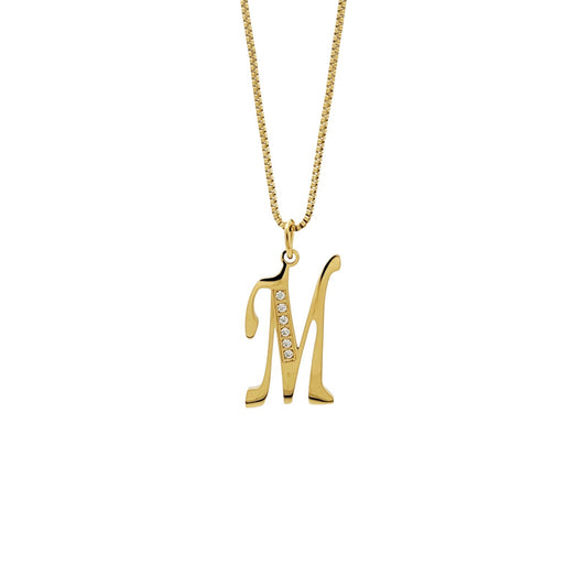 Gold necklace with a 'M' pendant on a white background
