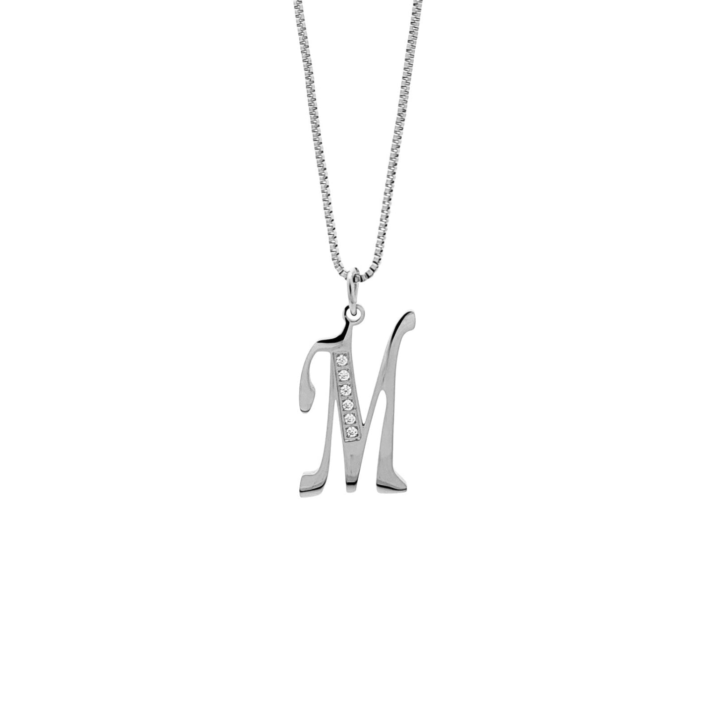 Silver necklace with a 'M' pendant on a white background
