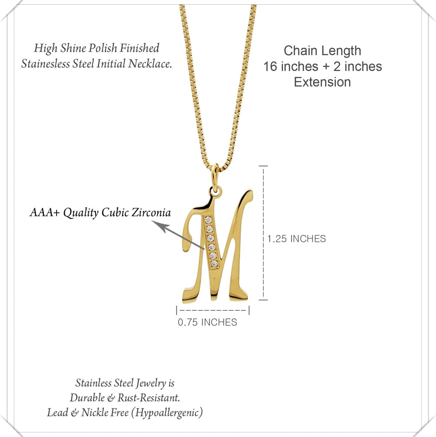 Gold necklace with 'M' pendant and zirconia stones, labeled with product details.