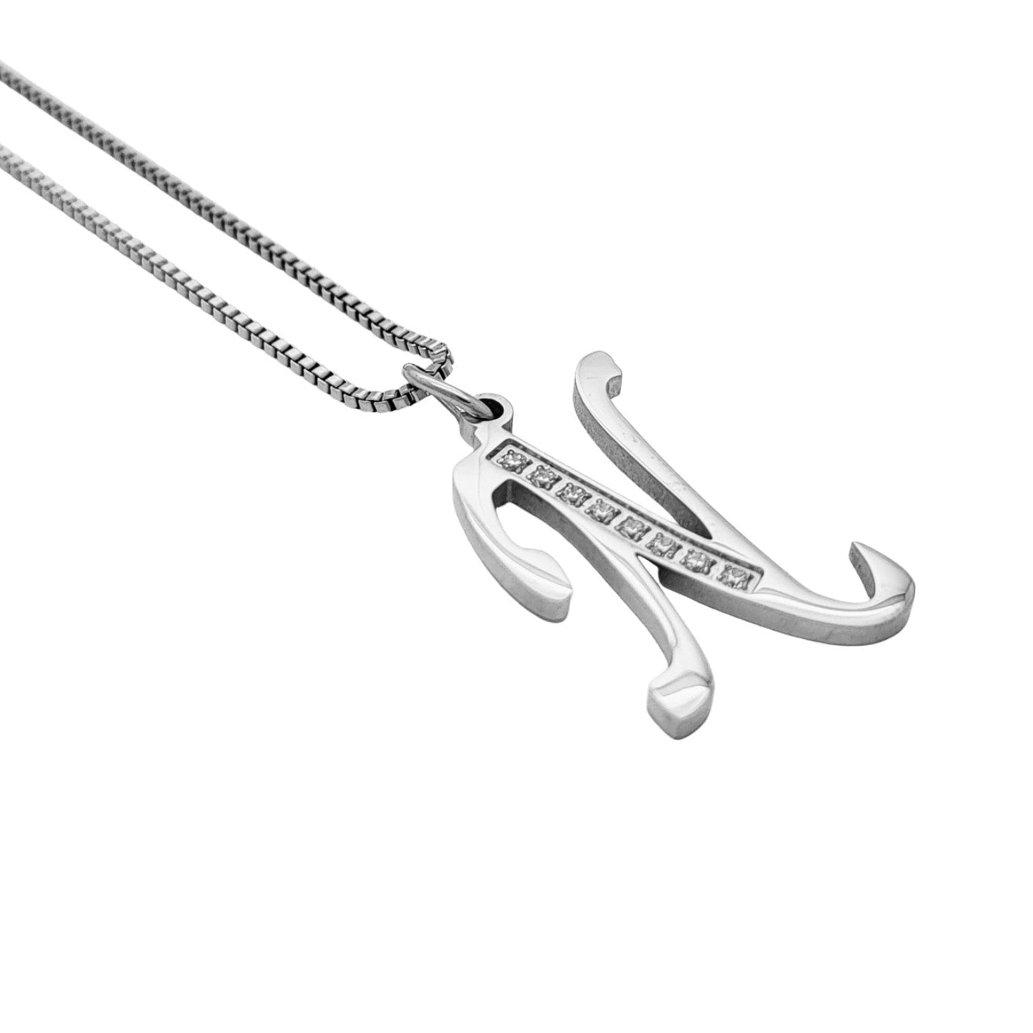 Silver necklace with a unique pendant on a white background