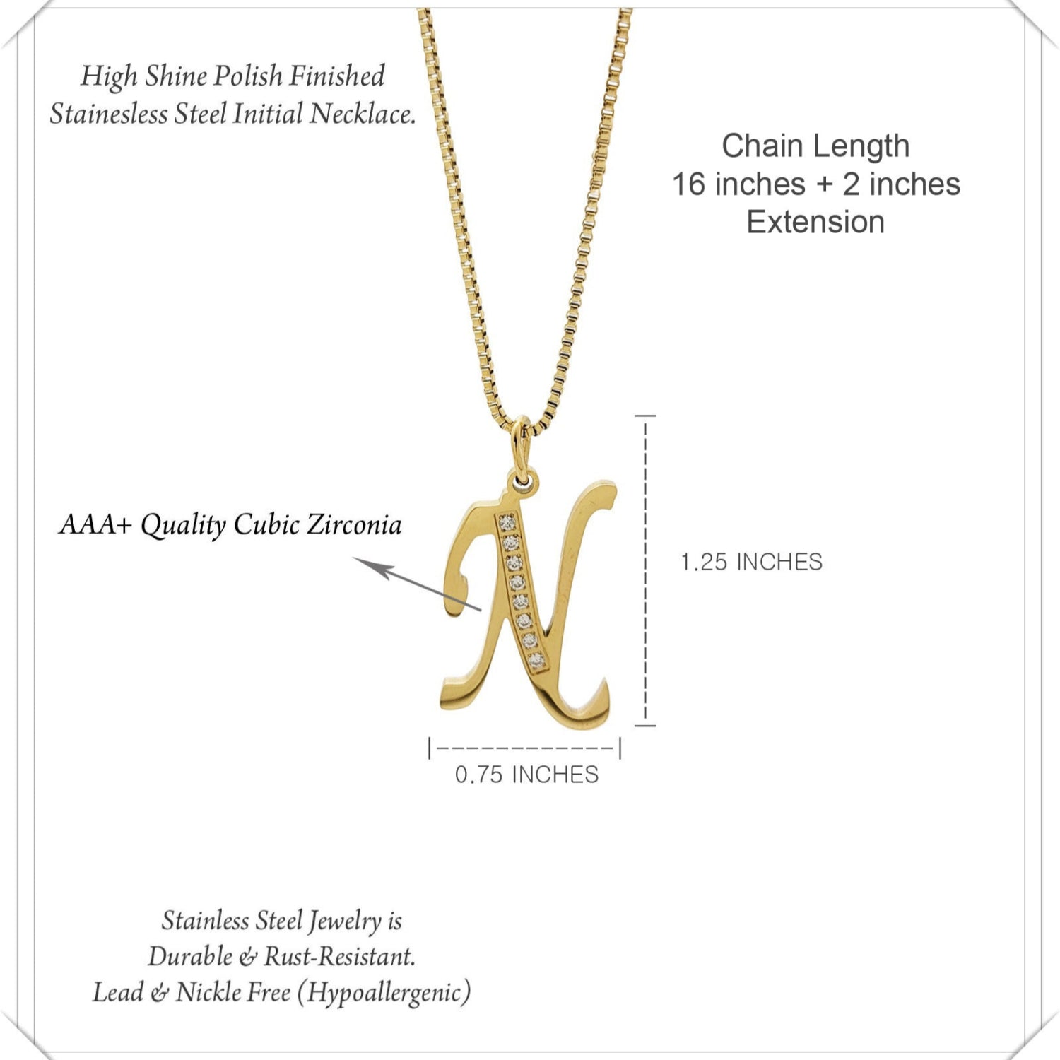 Gold necklace with 'N' pendant and product details on a white background