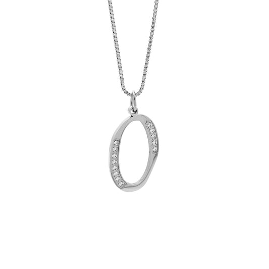 Silver necklace with an O pendant on a white background