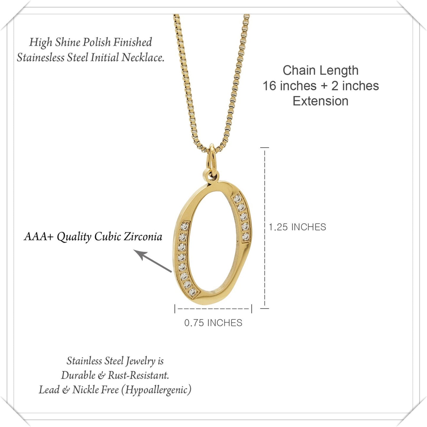Gold necklace with O pendant and cubic zirconia stones, labeled with dimensions and material details.