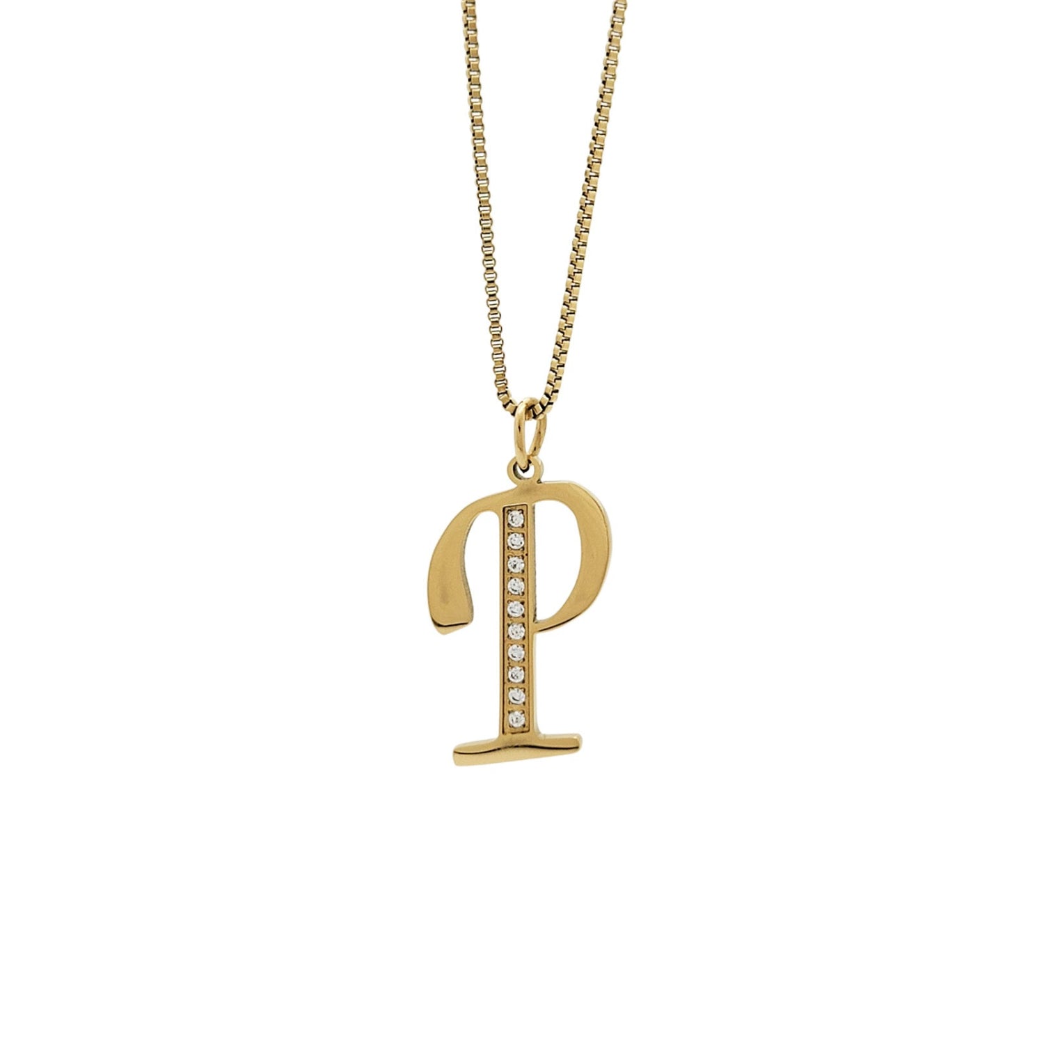 Gold necklace with a letter 'P' pendant on a white background