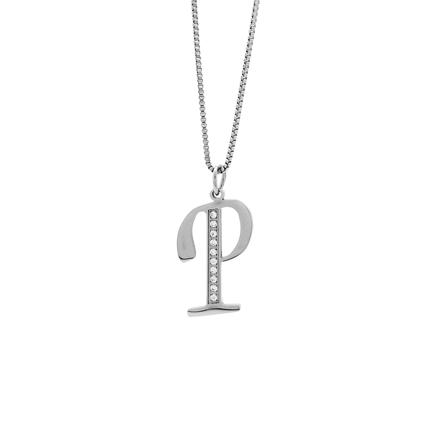 Silver necklace with a letter 'P' pendant on a white background