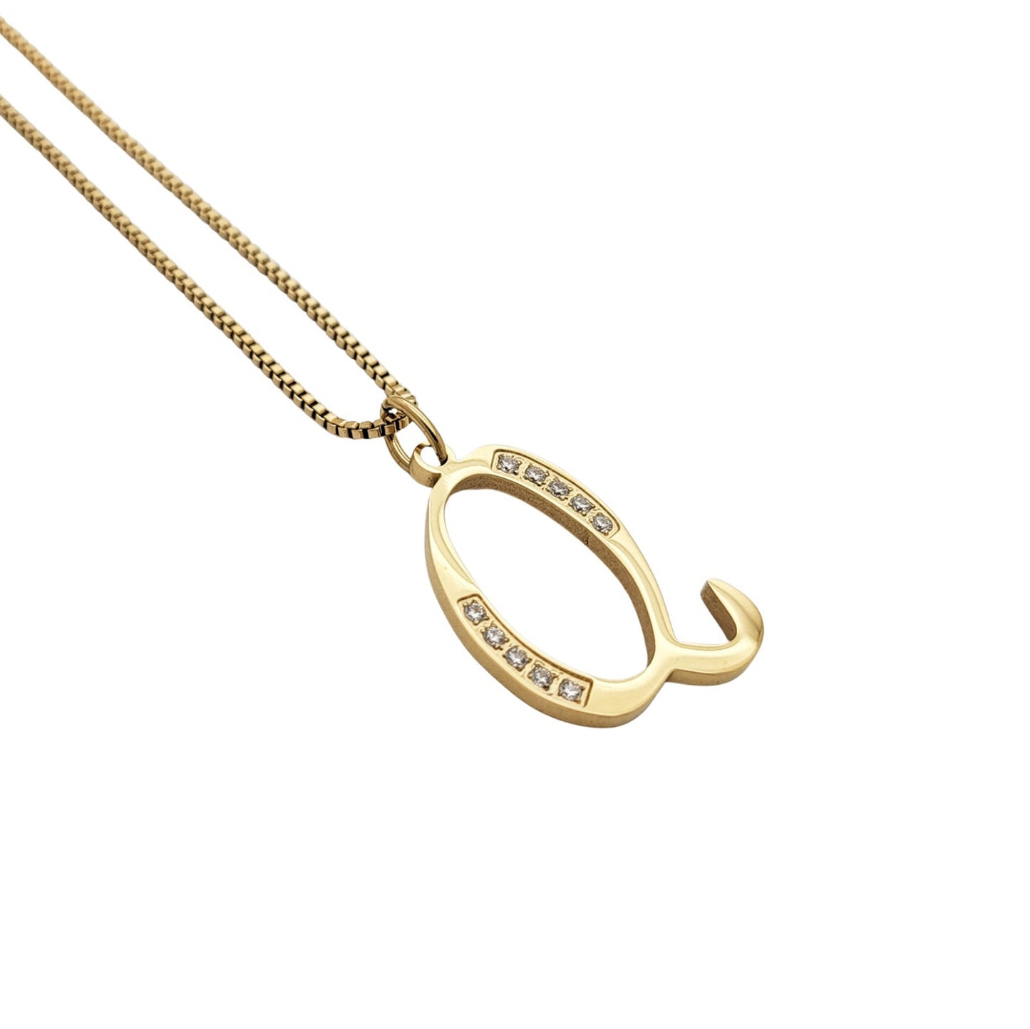 Gold Q necklace with a unique pendant on a white background