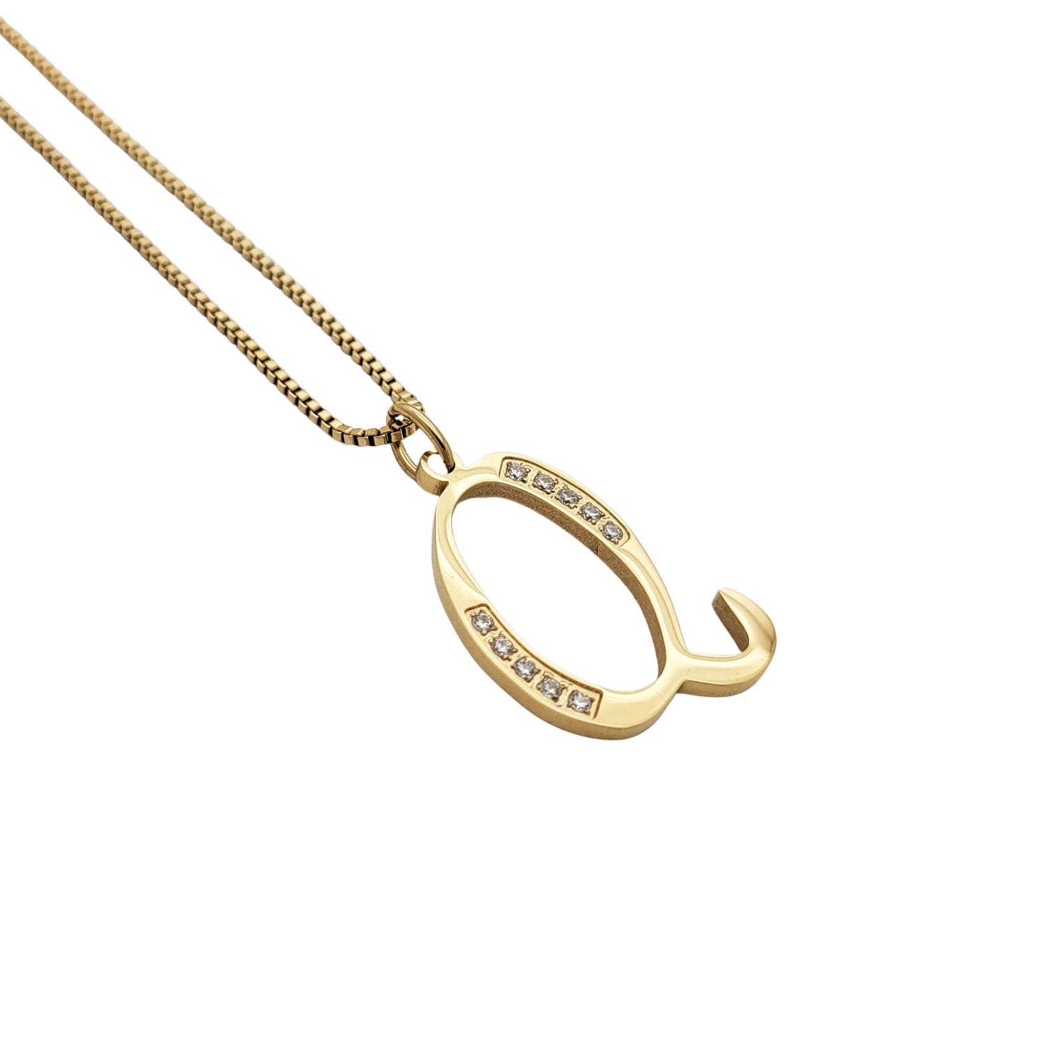 Gold Q necklace with a unique pendant on a white background