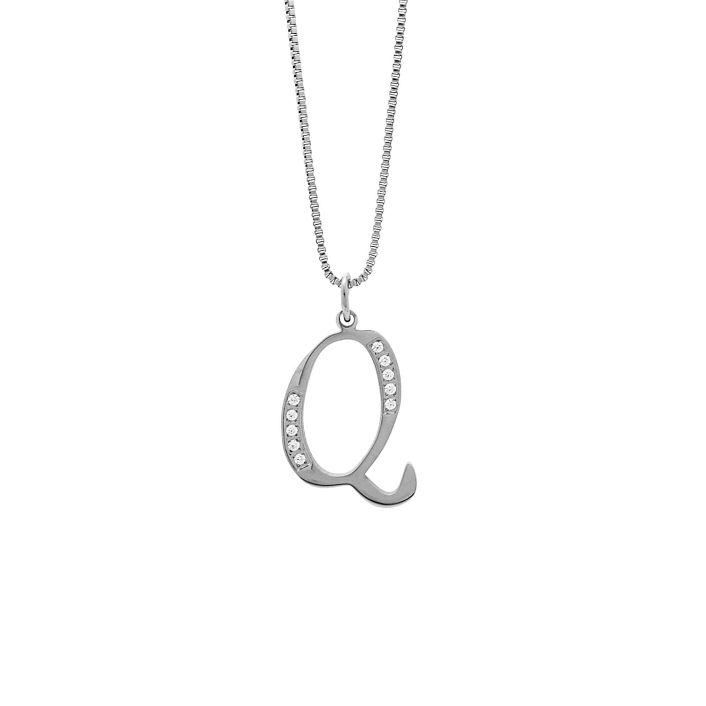 Silver necklace with a letter 'Q' pendant on a white background