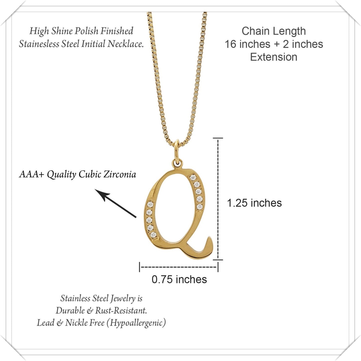 Gold necklace with 'Q' pendant and zirconia stones, labeled with dimensions and material details.