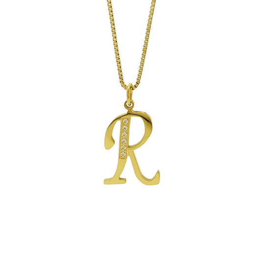 Gold necklace with a 'R' pendant on a white background