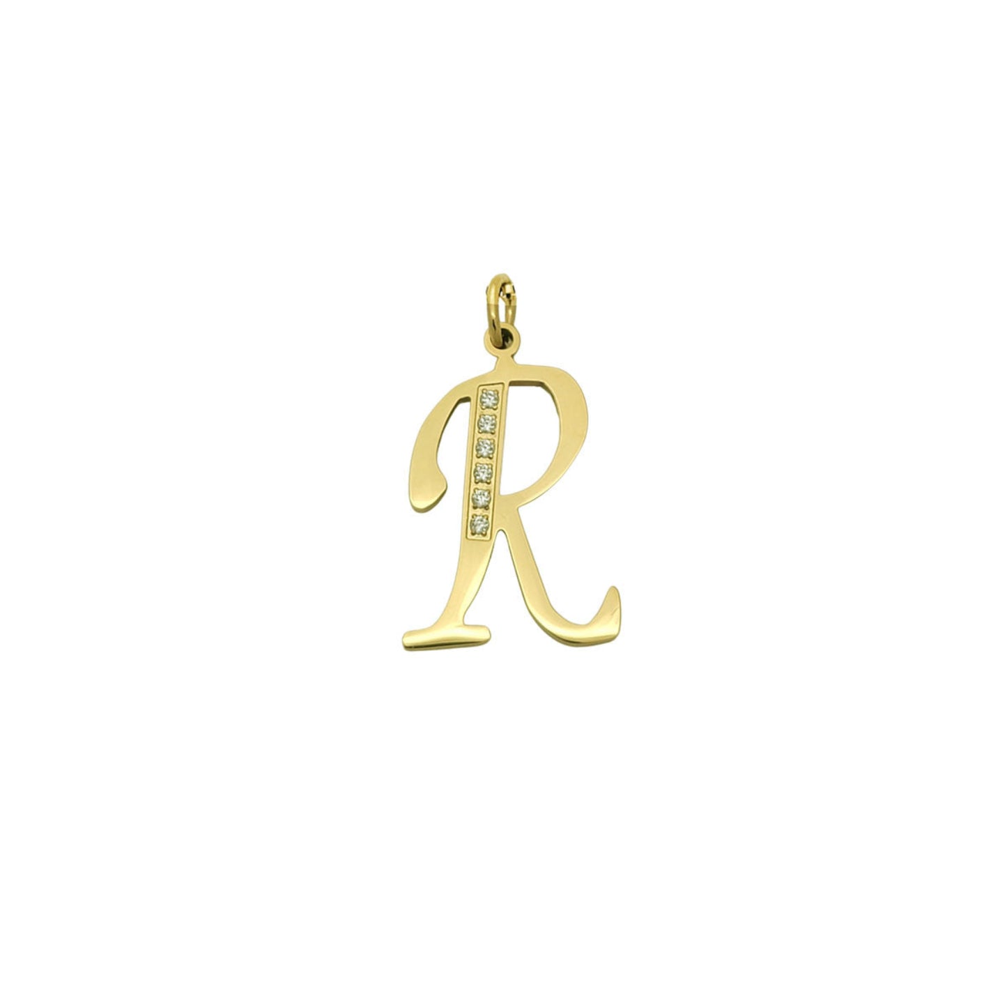 Gold pendant with letter 'R' design on a white background