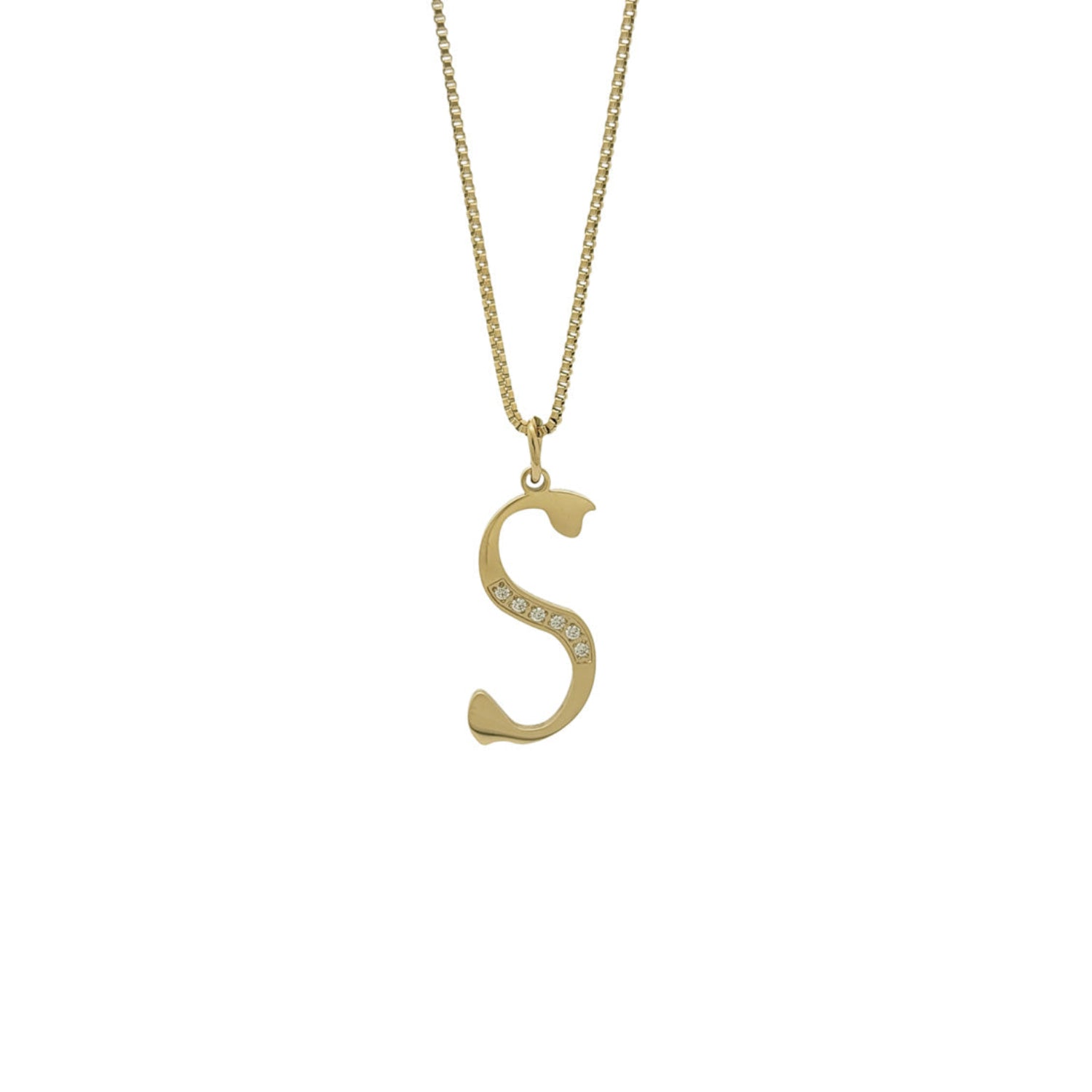 Gold necklace with a 'S' pendant on a white background