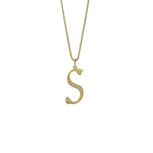 Gold necklace with a 'S' pendant on a white background