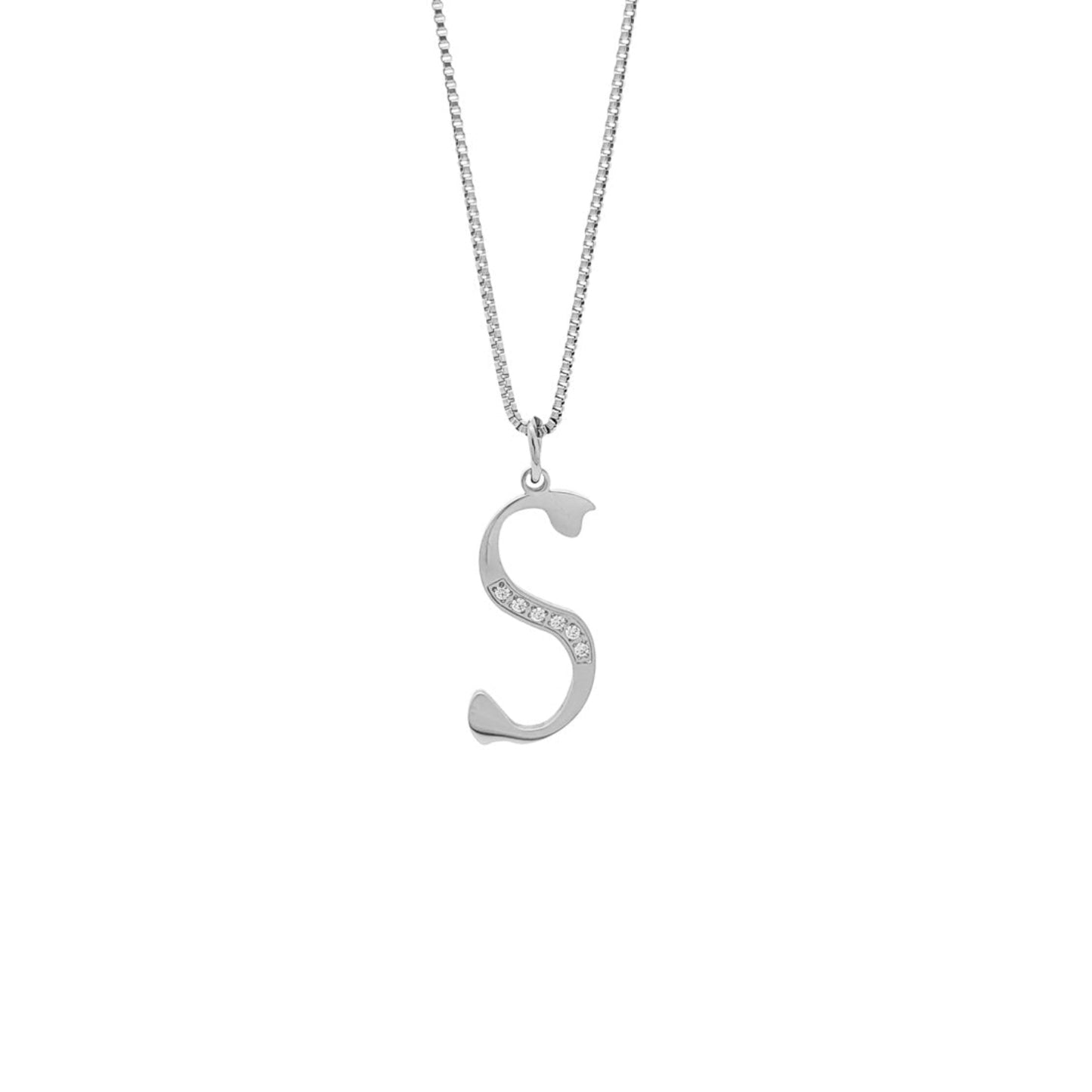 Silver necklace with a 'S' pendant on a white background