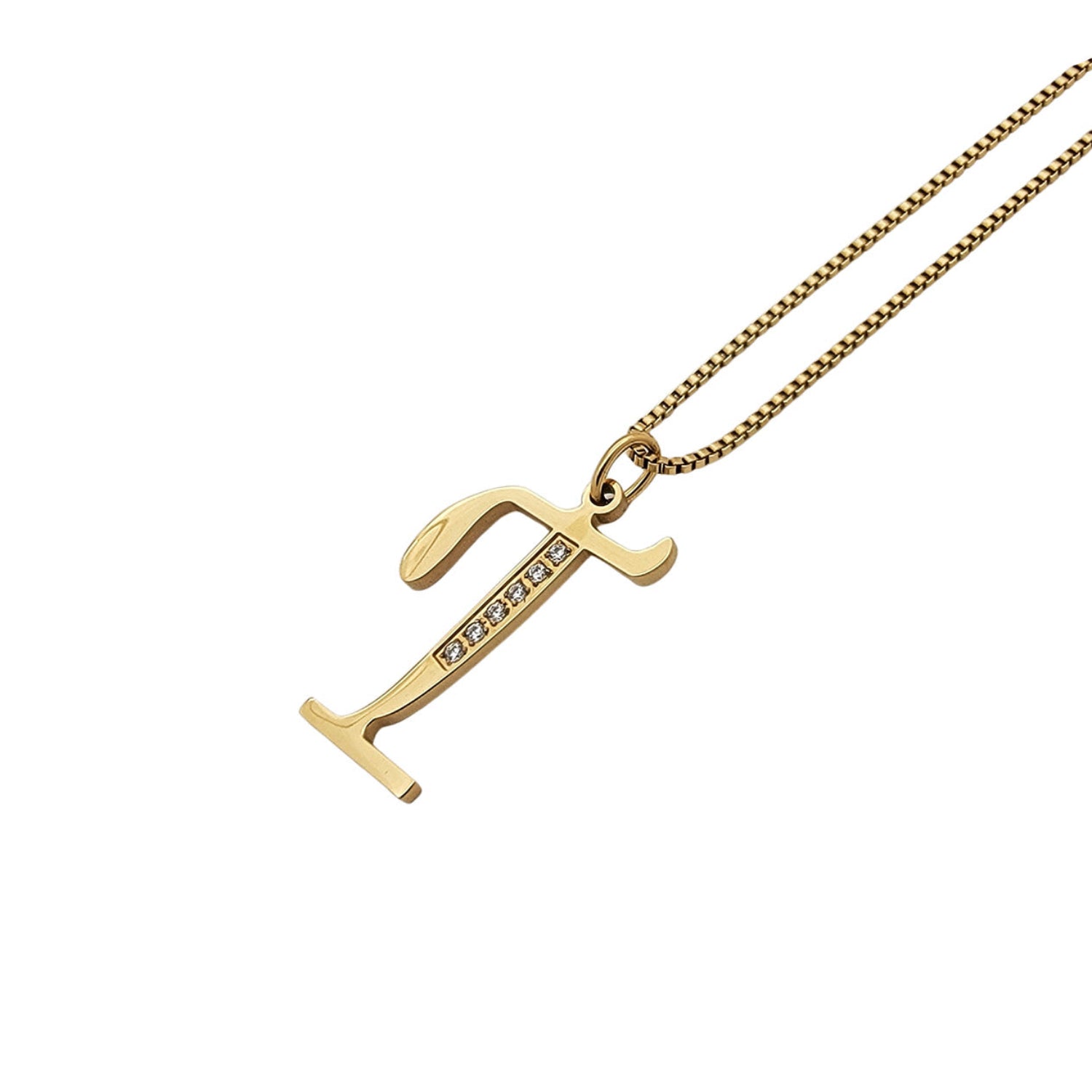 Gold necklace with a unique T pendant on a white background