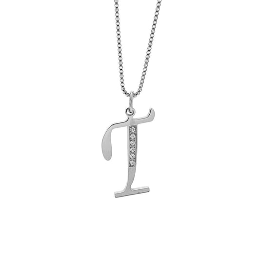 Silver necklace with a letter 'T' pendant on a white background