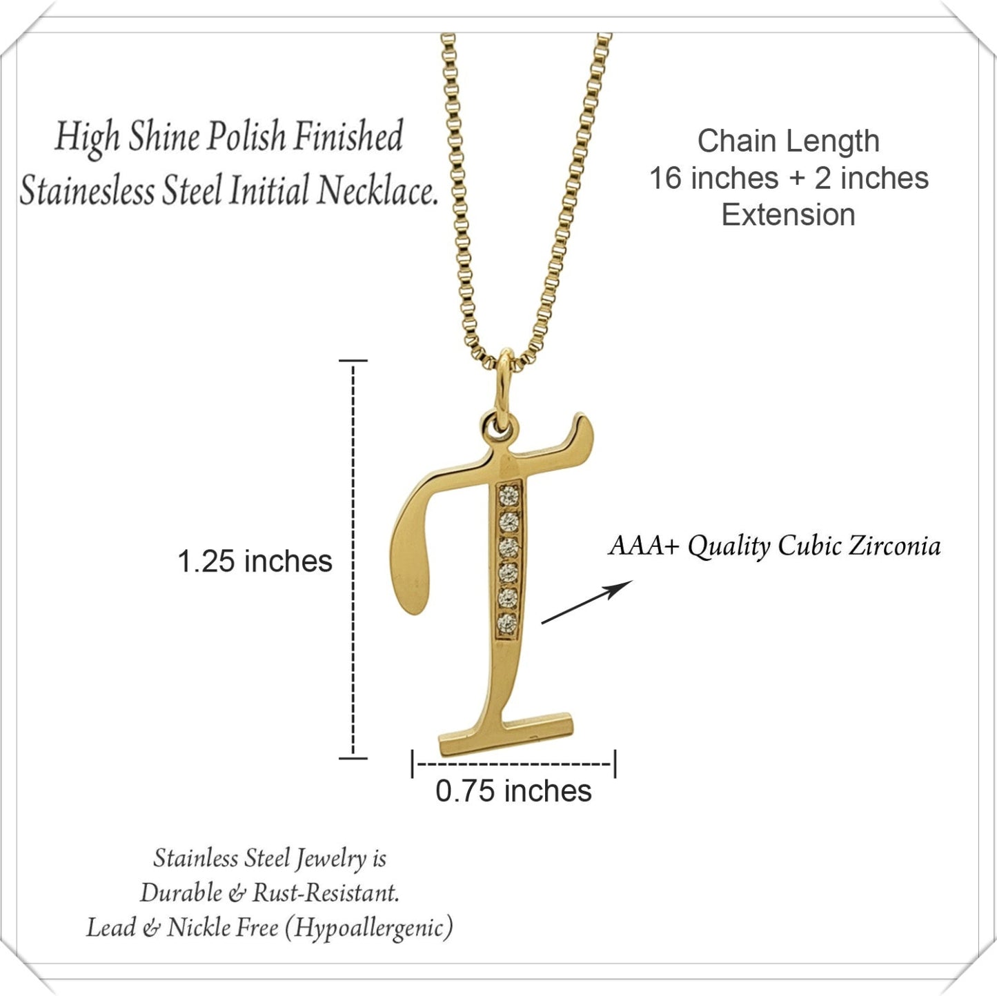 Gold necklace with letter 'T' pendant and zirconia stones, labeled with dimensions and material details.