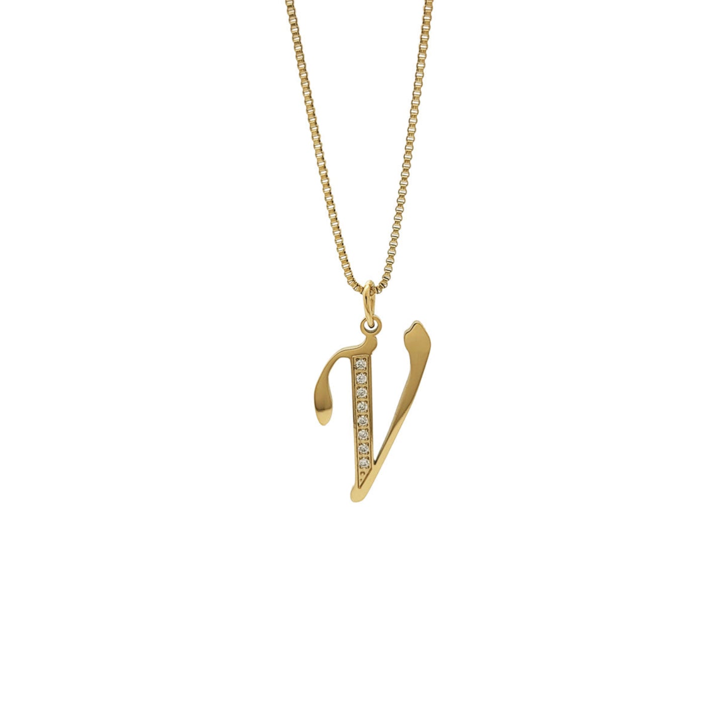 Gold necklace with a 'V' pendant on a white background