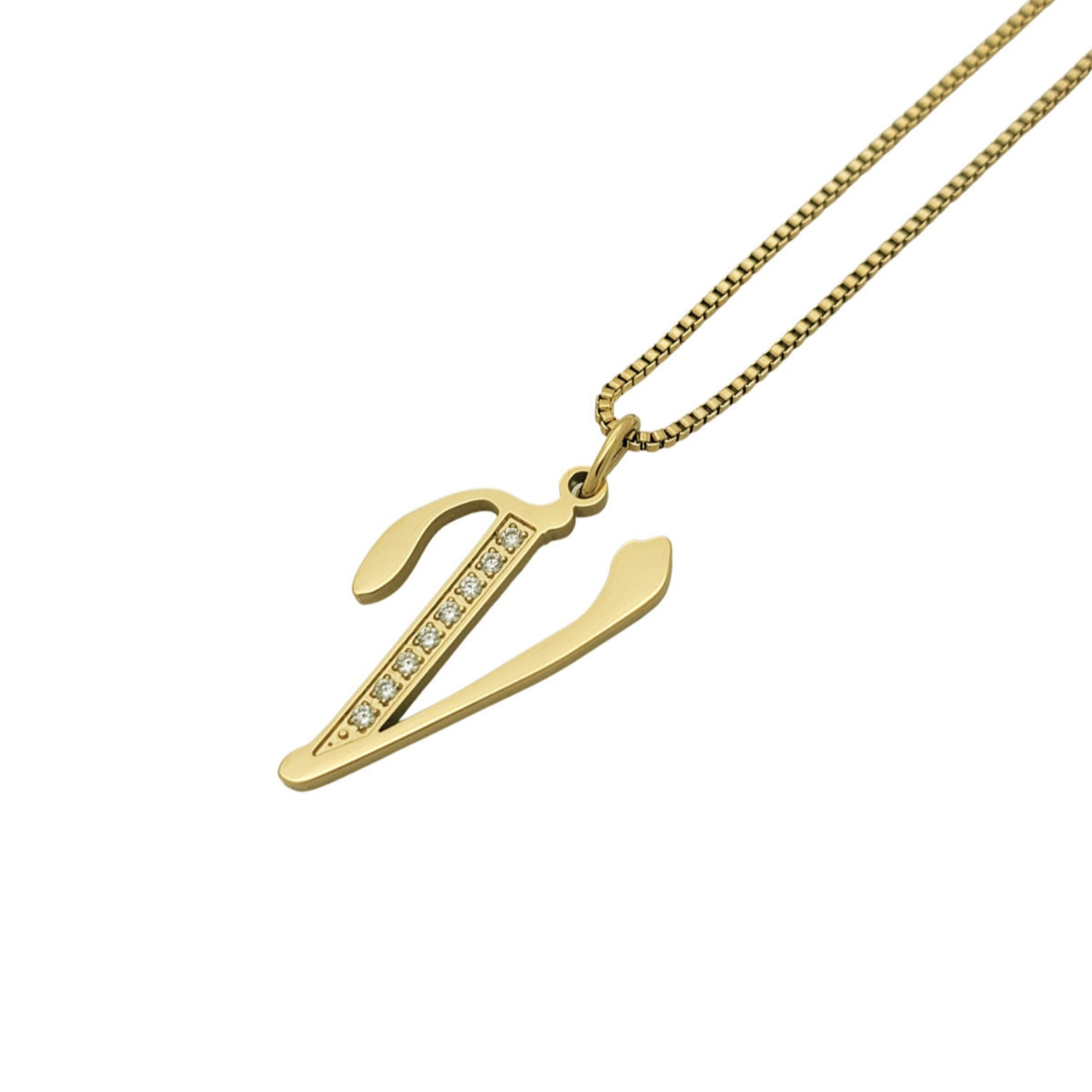 Gold necklace with a V pendant on a white background