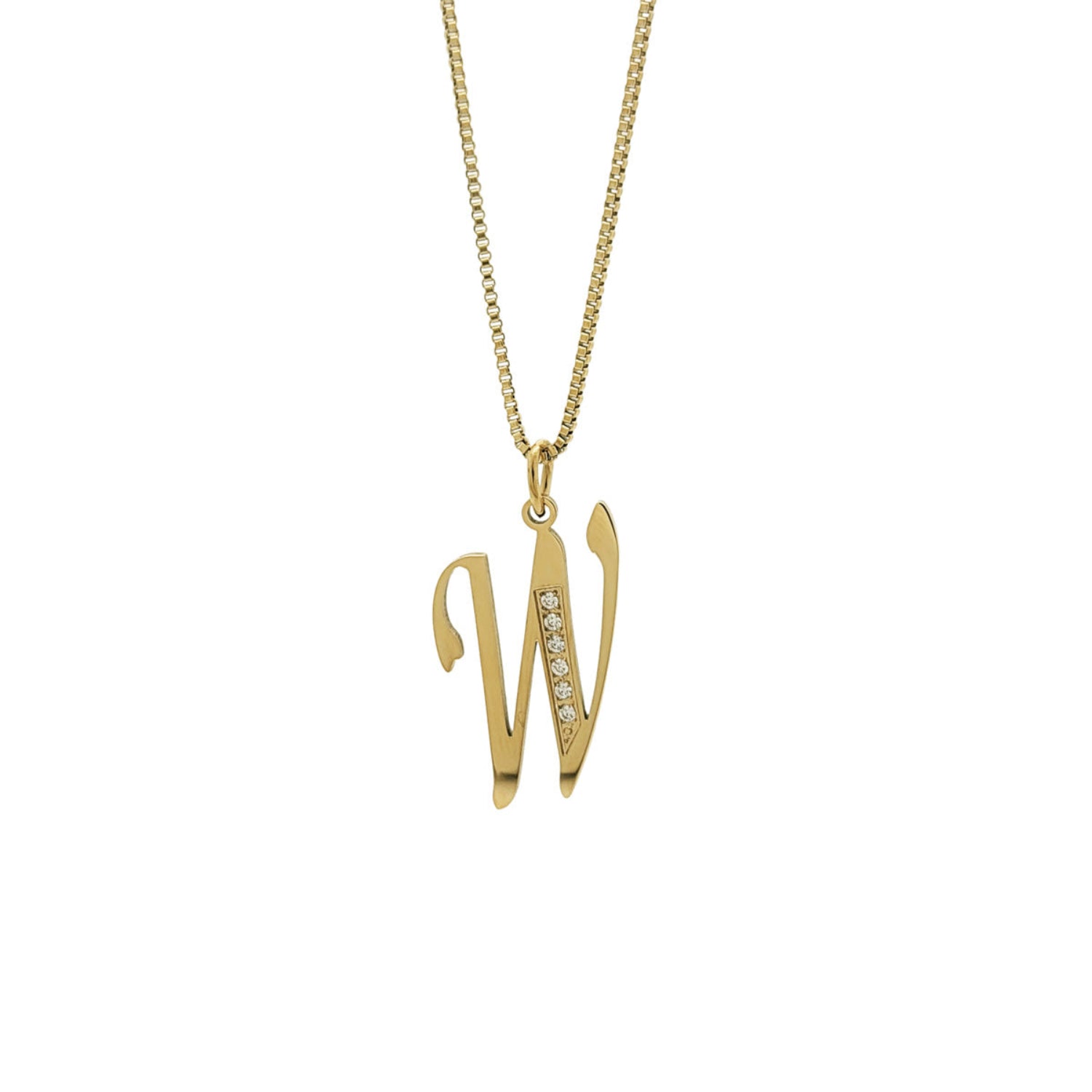 Gold necklace with a 'W' pendant on a white background