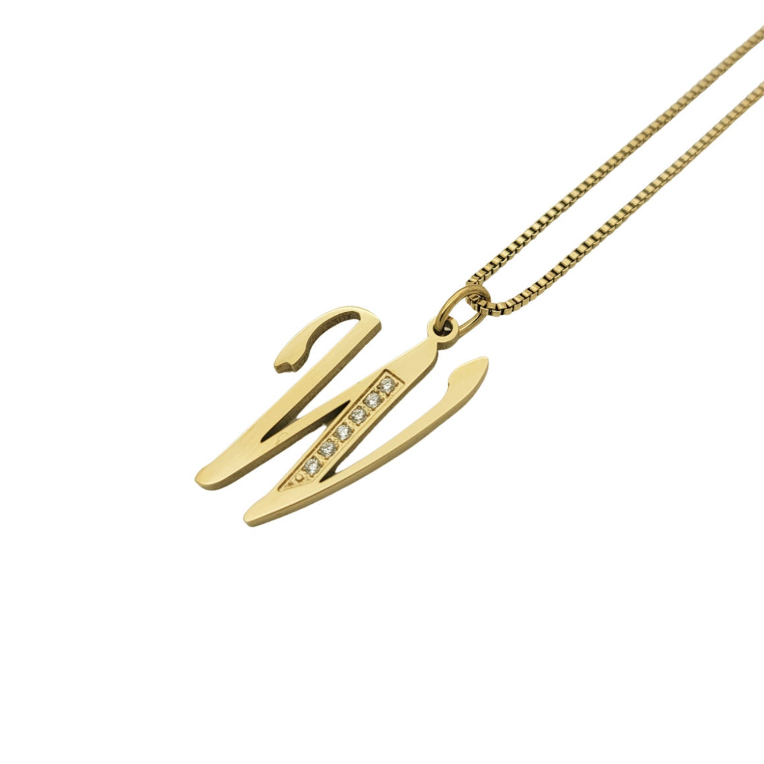 Gold necklace with a unique W pendant on a white background