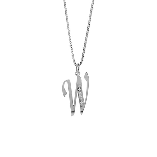 Silver necklace with a 'W' pendant on a white background