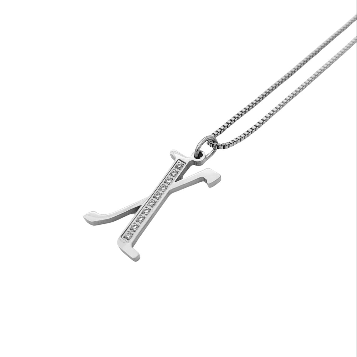 Silver X pendant necklace on a white background