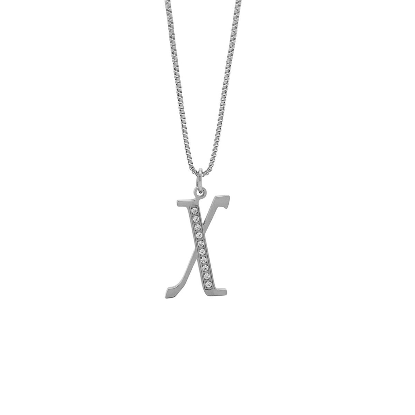 Silver necklace with a 'X' pendant on a white background