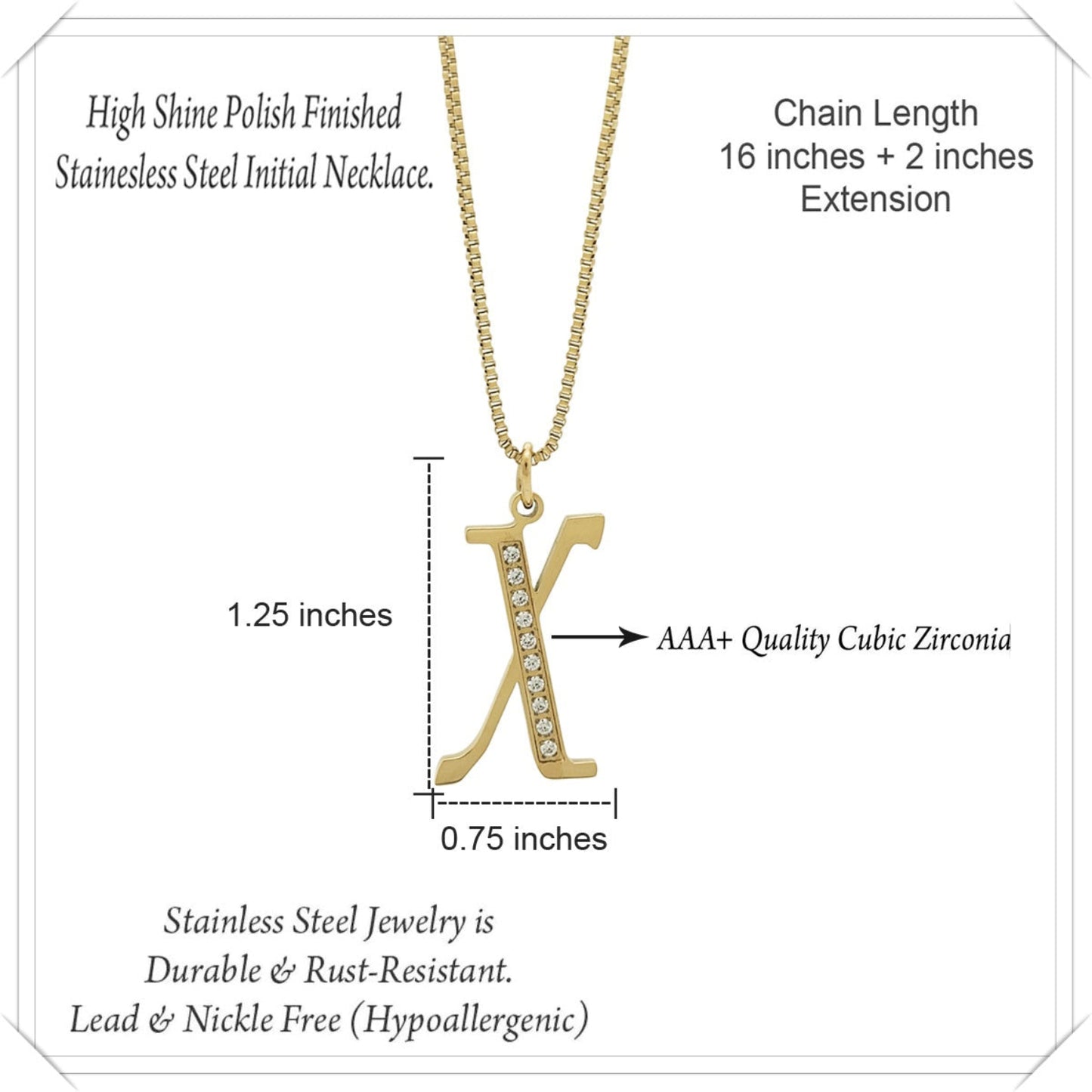Gold necklace with 'X' pendant and product details on a white background