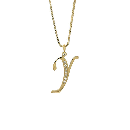 Gold necklace with a 'Y' pendant on a white background