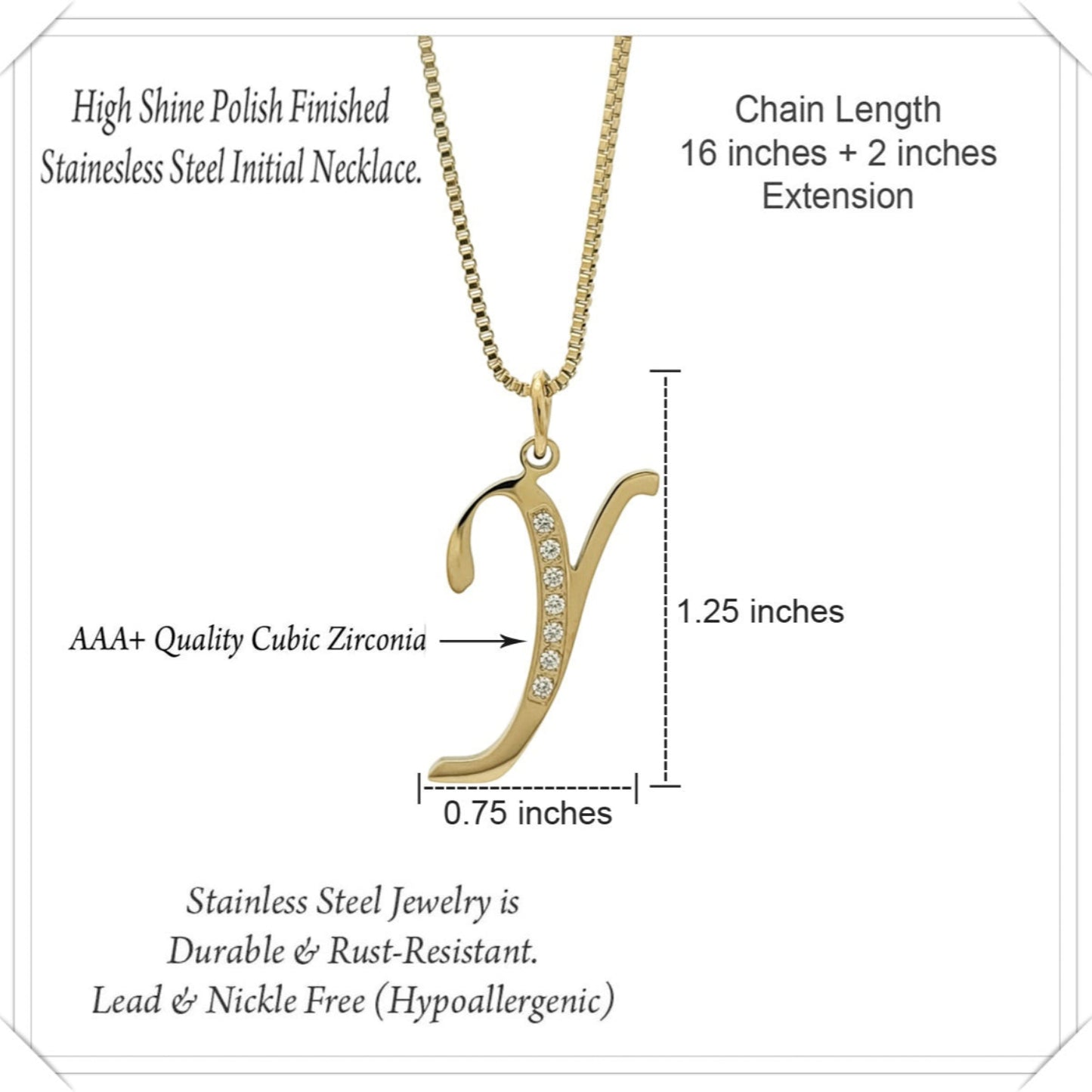Gold necklace with letter 'Y' pendant and product details on a white background