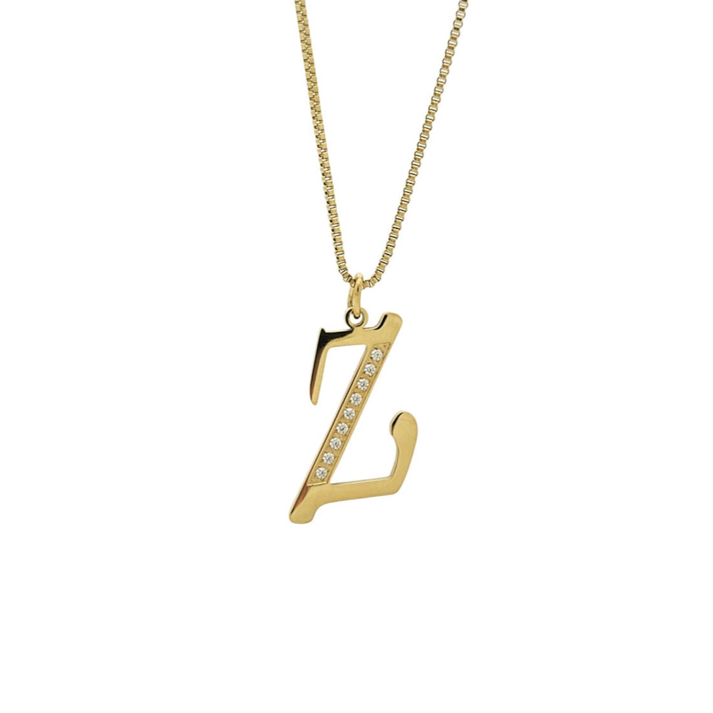Gold necklace with a 'Z' pendant on a white background