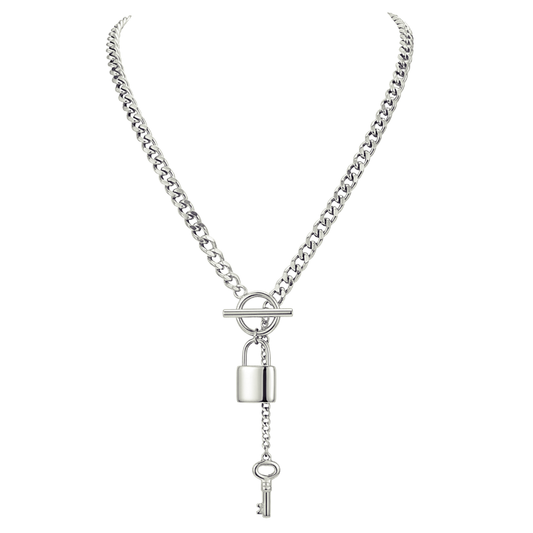 Silver necklace with padlock and key charm on a white background