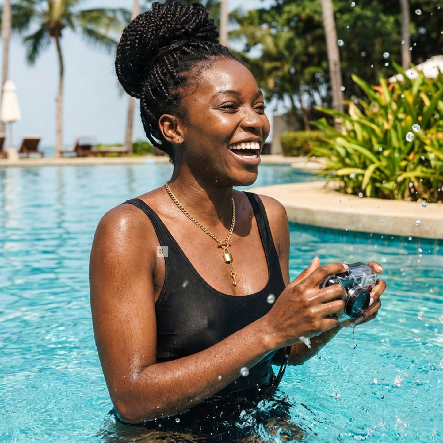 Woman wearing gold necklace in a black swimsuit holding a camera in a pool with palm trees and plants in the background