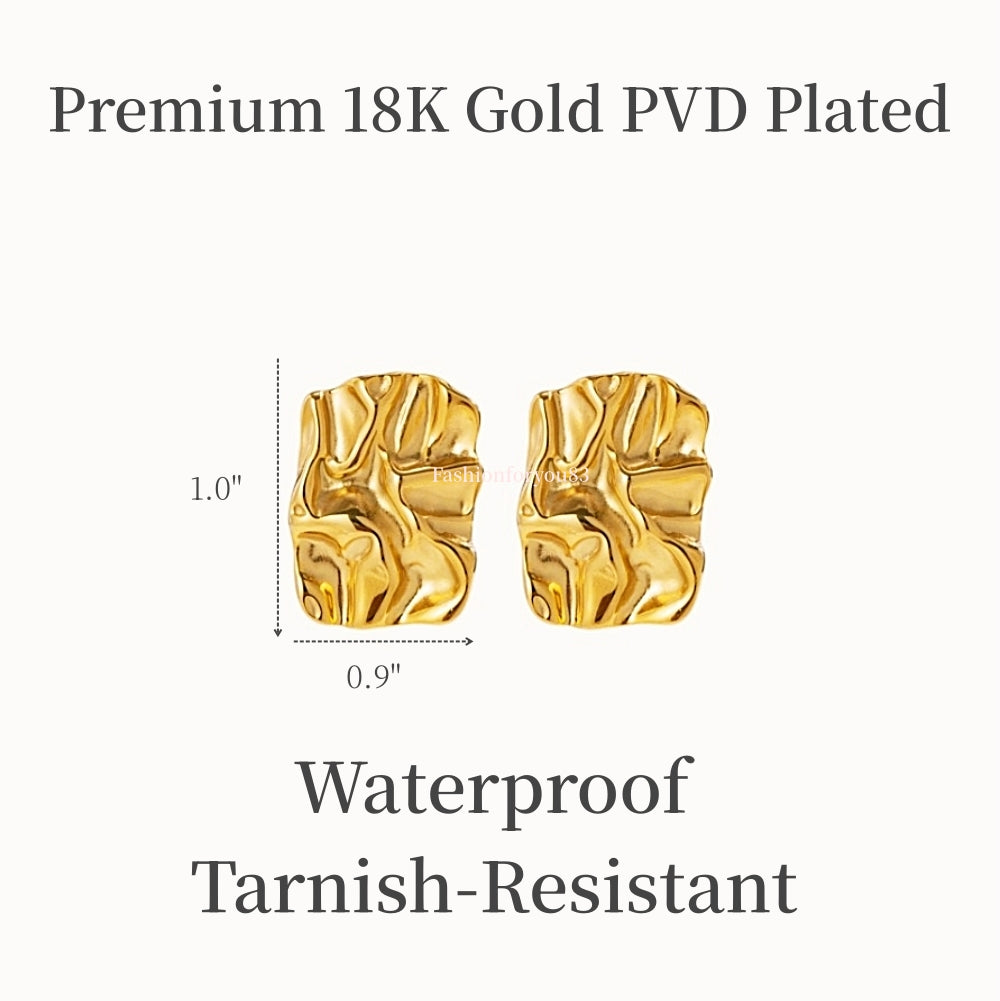 Gold earrings with text indicating 'Premium 18K Gold PVD Plated', 'Waterproof', and 'Tarnish-Resistant' on a white background.