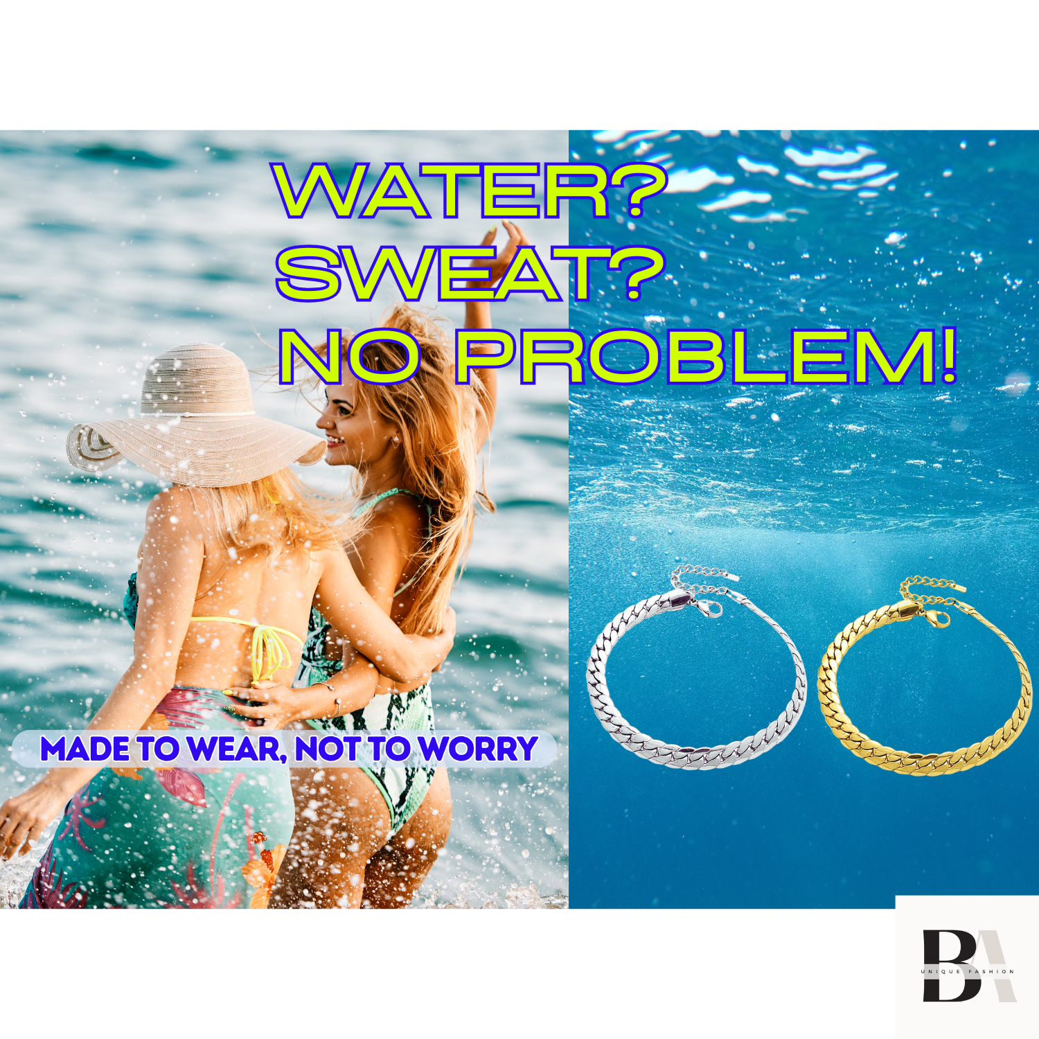 Two bracelets, one silver and one gold, with text about water resistance and a beach scene.