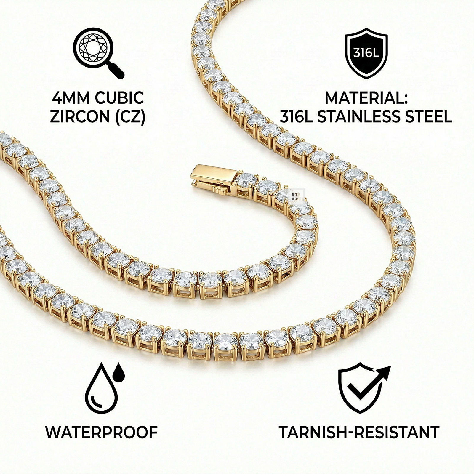 Gold chain necklace with cubic zirconia stones on a white background, featuring product details.