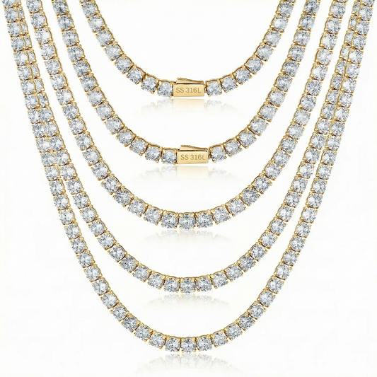 Three diamond necklaces stacked on a white background