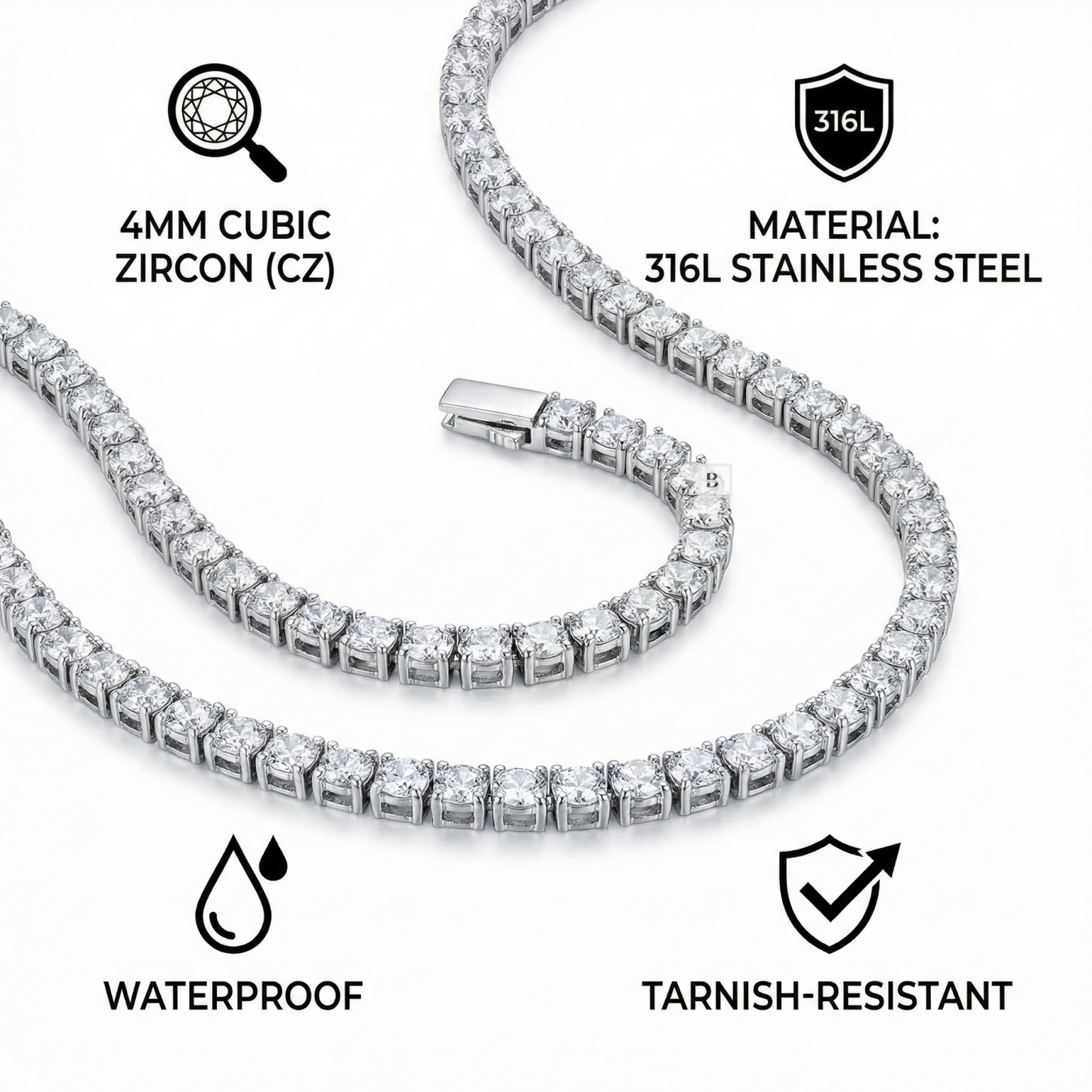 Silver necklace with cubic zirconia stones on a white background, featuring product details.