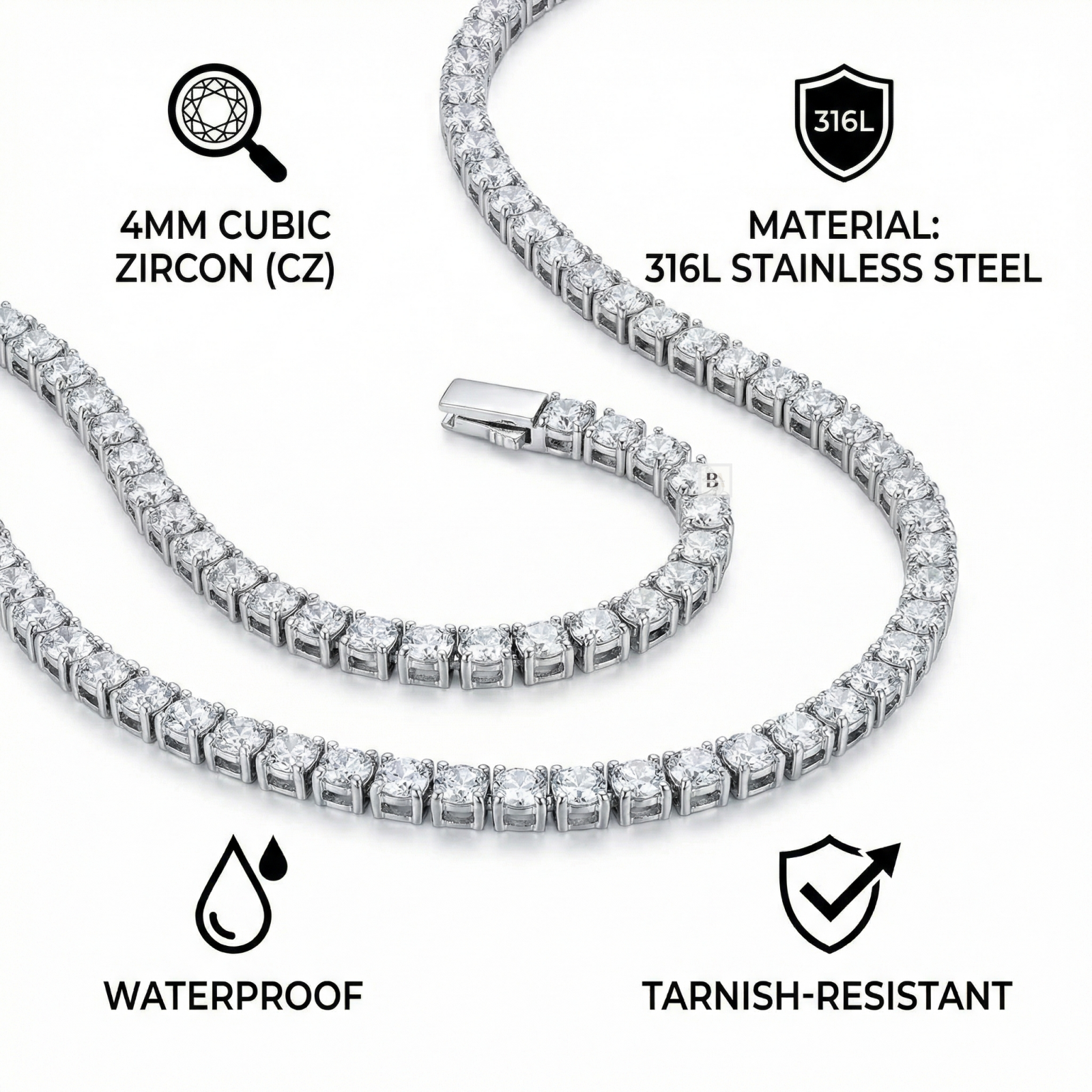 Silver necklace with cubic zirconia stones on a white background, featuring product details.